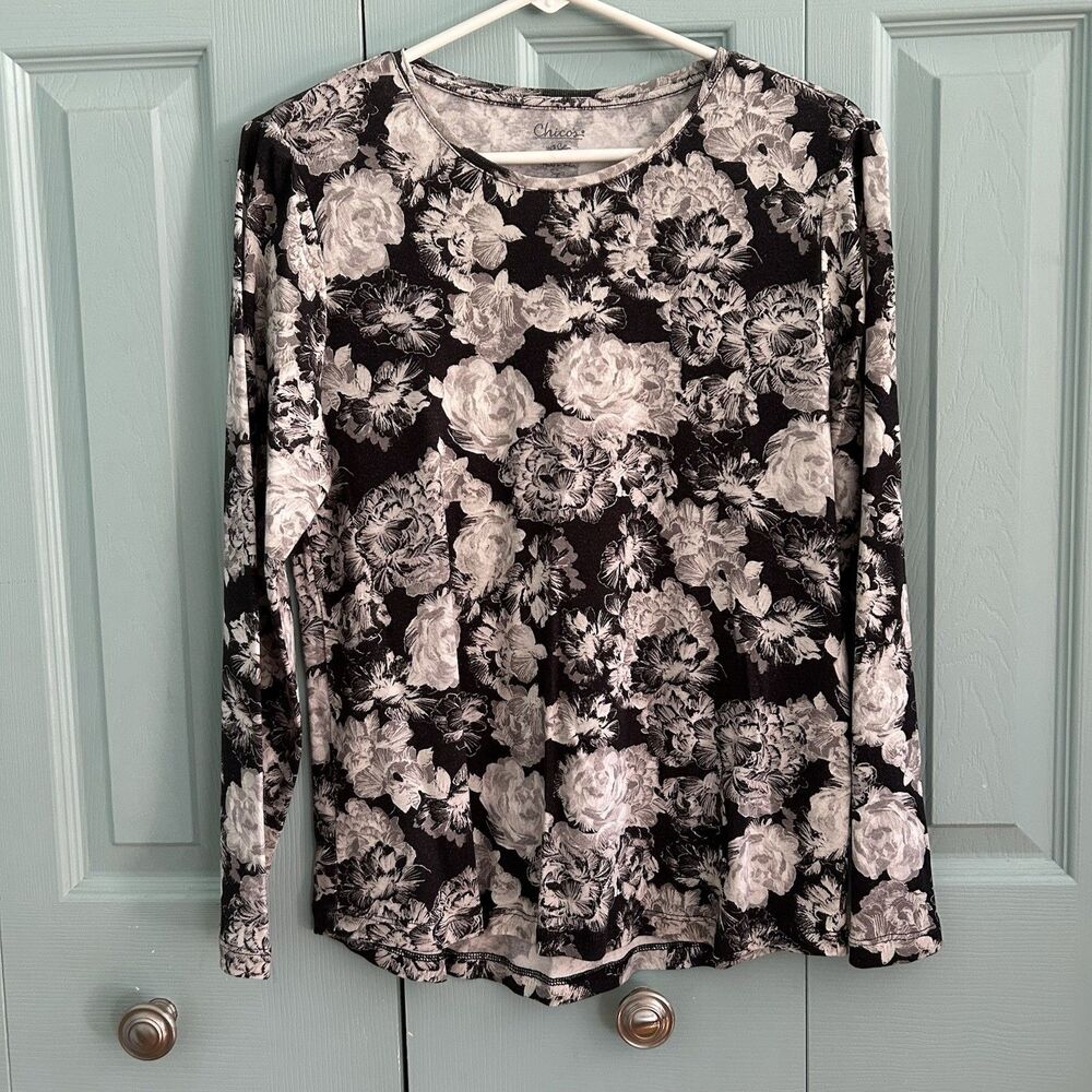 Chico’s‎ Womens Black White Rose Floral Long Sleeve Shirt Size 2 Large Cotton